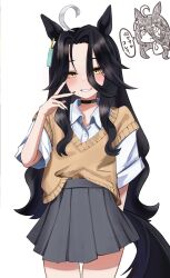 1girl arm_behind_back black_choker black_hair black_nails blush book-16key chibi chibi_inset chibi_only choker collared_shirt ear_tag earrings gyaru hair_between_eyes hair_intakes hand_up highres jewelry long_hair long_hair_between_eyes looking_at_viewer manhattan_cafe_(umamusume) multicolored_hair nail_polish parted_lips pleated_skirt shirt short-sleeved_sweater short_sleeves simple_background single_earring skirt sleeves_rolled_up smile solo speech_bubble sweatdrop sweater sweater_partially_tucked_in translation_request umamusume v very_long_hair wavy_hair white_hair white_shirt yellow_sweater