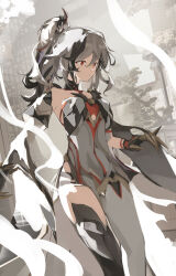 Rule 34 | 1girl, absurdres, asymmetrical clothes, black boots, black hair, boots, breasts, clawed gauntlets, closed mouth, dress, fu hua, fu hua (crane of taixuan), fu hua (fenghuang of vicissitude), fu hua (garuda), grey hair, highres, honkai (series), honkai impact 3rd, leggings, linkai, long hair, looking to the side, missing commentary, multicolored hair, official alternate costume, ponytail, red eyes, short dress, single pantsleg, single thigh boot, small breasts, solo, thigh boots, thighs, two-tone hair, white dress, white leggings