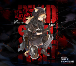 1girl animal_ears black_cape blonde_hair blue_eyes brown_gloves bushman_ltd. cape cat_ears chain female_focus fingerless_gloves full_body girls&#039;_frontline gloves gun hair_between_eyes handgun highres holding holding_gun holding_weapon idw_(cloak_and_cat_ears)_(girls&#039;_frontline) idw_(girls&#039;_frontline) long_hair looking_at_viewer machine_gun machine_pistol official_alternate_costume official_art parker-hale parker-hale_idw parker-hale_pdw personal_defense_weapon pistol prototype_design rheinlander_instruments_corp. smile solo submachine_gun tail token torn_cape torn_clothes twintails weapon