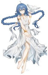 1girl armlet barefoot bird blue_eyes blue_hair bracelet braid breasts chinese_commentary cleavage closed_mouth commentary_request feet full_body hair_between_eyes highres jewelry legs long_hair looking_at_viewer mushoku_tensei necklace outstretched_hand pigeon rosary roxy_migurdia signature simple_background small_breasts smile solo toenails toes twin_braids very_long_hair white_background yisjhui