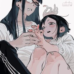 2girls artist_name asakusa_midori asymmetrical_bangs bandaid bandaid_on_finger bandaid_on_knee bandaid_on_leg black_hair commentary eizouken_ni_wa_te_wo_dasu_na! freckles glasses goblet_42 highres kanamori_sayaka long_hair multiple_girls open_mouth short_hair simple_background white_background