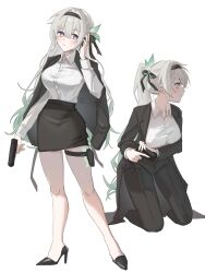1girl 21syn_q_(gohan) absurdres alternate_costume alternate_hair_length alternate_hairstyle arm_under_breasts black_hairband black_jacket black_pants black_shoes black_skirt breasts closed_mouth collared_shirt commentary_request dress_shirt earpiece firefly_(honkai:_star_rail) formal_clothes full_body gradient_hair green_hair grey_hair gun hair_ornament hairband hand_up handgun high_heels highres holding holding_gun holding_weapon holster honkai:_star_rail honkai_(series) jacket jacket_on_shoulders kneeling large_breasts long_hair long_sleeves multicolored_hair multiple_views open_clothes open_jacket pant_suit pants pencil_skirt ponytail pumps purple_eyes shirt shirt_tucked_in shoes simple_background skirt skirt_suit standing suit suit_jacket thigh_holster twitter_username very_long_hair weapon white_background white_shirt