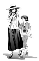 black_skirt bracelet chaos;child child closed_mouth eibon hair_over_shoulder happy hat high_heels highres holding_hands jacket jake_(chaos;child) jewelry kunosato_mio light_blush long_hair messy_hair monochrome necklace open_clothes open_jacket open_mouth pants ponytail shiny_eyes shirt skirt smile sun_hat tongue white_shirt