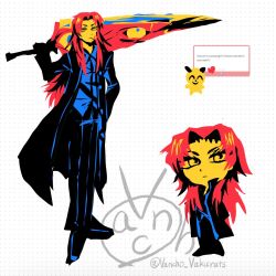 1girl black_coat black_jacket black_pants black_shoes blue_shirt chibi cigarette closed_mouth coat collared_shirt colored_skin e.g.o_(project_moon) full_body holding holding_sword holding_weapon jacket kali_(project_moon) library_of_ruina limited_palette lobotomy_corporation long_hair long_sleeves looking_at_viewer marshmallow_(site) mimicry_(e.g.o) multiple_views pants parted_bangs project_moon red_hair shirt shoes sidelocks simple_background smoking solo standing sword vancho_vakurets weapon white_background yellow_skin