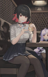 Rule 34 | 2girls, absurdres, black choker, black skirt, breasts, brown pantyhose, choker, closed mouth, colored inner hair, commentary request, dolri, eating, ellen joe, ellen joe (on campus), food, highres, indoors, medium breasts, multicolored hair, multiple girls, official alternate costume, pantyhose, pizza, pleated skirt, red eyes, red hair, school uniform, shirt, sitting, skirt, two-tone hair, vivian banshee, white shirt, zenless zone zero
