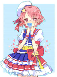 1boy arms_up blue_hair blush braid dress hair_ornament hat heart holding holding_ticket looking_at_viewer pink_eyes pink_hair pretty_series pripara reona_west sailor_collar side_braid single_braid star_(symbol) star_hair_ornament ticket touyama_soboro trap