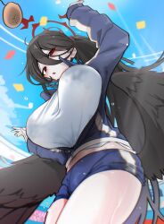 1girl absurdres arm_up black_hair black_wings blue_archive blue_jacket blue_shorts blue_sky blush bread_bun breasts chestnut_mouth commentary confetti feathered_wings flying_sweatdrops from_below gym_shirt gym_shorts gym_uniform hair_between_eyes halo hasumi_(blue_archive) hasumi_(track)_(blue_archive) highres huge_breasts i3eancurd jacket jumping long_hair loosely_tucked_bangs low_wings midriff_peek mole mole_under_eye official_alternate_costume oversized_wings partially_unzipped ponytail red_eyes red_halo shirt shorts sky solo stadium sweat symbol-only_commentary thighs track_jacket undersized_clothes very_long_hair very_sweaty white_shirt wings