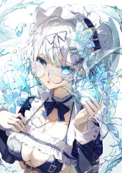 1girl absurdres belt bikini black_bikini black_bow black_bowtie black_hairband blue_eyes blush bow bowtie breasts brown_belt cleavage detached_collar flower glasses grey_hair hairband highres large_breasts long_sleeves looking_at_viewer maid negimapurinn open_mouth original simple_background solo swimsuit upper_body water white_background white_hair