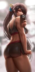 1girl absurdres ass beidou_(genshin_impact) blurry blurry_background breasts cellphone commentary cowboy_shot english_commentary eyeliner eyepatch eyeshadow from_behind genshin_impact grey_shorts grey_sports_bra hair_ornament hair_over_one_eye hair_stick half-closed_eyes highres holding holding_phone large_breasts long_hair looking_at_phone looking_back makeup numanoan phone ponytail red_eyes selfie shorts sidelocks smartphone solo sports_bra tassel toned toned_female very_long_hair