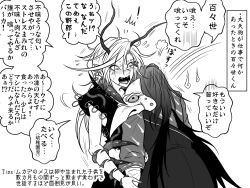 ! 2girls antennae arthropod_limbs blush commentary_request earrings greyscale himemushi_momoyo hug iizunamaru_megumu japanese_clothes jewelry kimono long_hair looking_at_another monochrome multiple_earrings multiple_girls nose_blush open_mouth pointy_ears ryuuichi_(f_dragon) tongue touhou translation_request upper_body