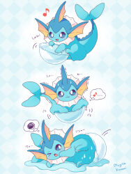 &gt;_o :3 :d artist_name blue_background blue_eyes blush bright_pupils checkered_background closed_mouth commentary_request gen_1_pokemon highres in_bowl in_container mugita_konomi musical_note nintendo no_humans one_eye_closed open_mouth pokemon pokemon_(creature) smile speech_bubble spoken_musical_note spoken_squiggle squiggle thought_bubble trembling vaporeon white_pupils
