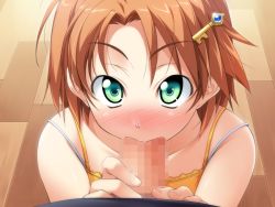 Rule 34 | 1boy, 1girl, blush, brown hair, censored, fellatio, game cg, green eyes, hair ornament, hairpin, hetero, oral, orihara natsumi, penis, pulltop, short hair, takeya masami, tank top, te to te try on