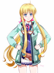 1girl ahoge artist_name blonde_hair blue_eyes bow bowtie cowboy_shot eiyuu_densetsu floating_hair goggles goggles_around_neck hair_bow hair_intakes hands_on_own_hips jacket long_hair long_sidelocks looking_at_viewer pink_bow pink_bowtie sen_no_kiseki sen_no_kiseki_(series) sen_no_kiseki_iii sidelocks simple_background skirt solo tita_russell white_background xiacheng_tatsuya