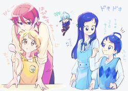 2girls 3boys apron blue_dress blue_eyes blue_hair couple dokidoki!_precure dress fairy frills hair_ribbon hands_on_table happinesscharge_precure! highres hishikawa_rikka hug hug_from_behind ira_(dokidoki!_precure) long_sleeves multicolored_eyes multiple_boys multiple_girls oomori_yuuko phantom_(happinesscharge_precure!) precure rakeru_(dokidoki!_precure) rakeru_(dokidoki!_precure)_(human) red_hair ribbon shamoji short_hair two-tone_eyes vest yuriko_(yurikonicc)