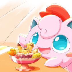 blue_eyes blush_stickers character-themed_food cherry commentary_request food fruit gen_1_pokemon hat highres jigglypuff kinakomochi_(kazuna922) nintendo no_humans open_mouth pikachu pokemon pokemon_(creature) pudding smile
