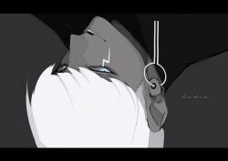 Rule 34 | 1boy, black shirt, blue eyes, colored sclera, colored skin, earrings, fate/grand order, fate (series), grey background, grey sclera, grey skin, highres, indra (fate), jewelry, lightning bolt facial mark, looking at viewer, oyakata47, portrait, shirt, short hair, solo, upside-down, white hair