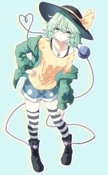 1girl absurdres alternate_costume black_boots black_hat black_thighhighs blue_shorts boots bow bra_strap collarbone commentary denim denim_shorts english_commentary full_body green_background green_eyes green_hair green_jacket hair_between_eyes hat hat_bow hat_ribbon heart heart_of_string highres jacket jewelry komeiji_koishi long_sleeves looking_at_viewer medium_hair outline pendant pioartstuff ribbon shirt shorts solo standing striped_clothes striped_thighhighs thighhighs third_eye touhou white_thighhighs yellow_bow yellow_outline yellow_ribbon yellow_shirt