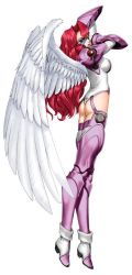 1girl armor armored_boots arms_up ass back boots breasts eyelashes feathered_wings female_focus full_body glasses high_heel_boots high_heels jane_shore knee_boots large_breasts leotard long_hair long_sleeves looking_at_viewer pauldrons red_hair red_lips shoulder_armor simple_background solo sunglasses tempest_(game) the_war_of_genesis thighhighs thong_leotard tony_taka vambraces very_long_hair white_background white_wings wings