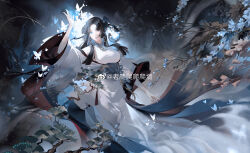 1girl absurdres bare_shoulders black_hair blue_corset blue_eyes blue_hair blue_lips blue_ribbon bonsai branch breasts bug butterfly check_commentary china_dress chinese_clothes chinese_commentary collared_dress colored_inner_hair commentary_request corset detached_sleeves dress eyelashes feet_out_of_frame floating_clothes frilled_dress frills high_collar highres insect large_breasts lipstick long_dress long_sleeves makeup mandarin_collar mountain multicolored_hair original papapapaqiang parted_bangs parted_lips ribbon sleeveless sleeveless_dress solo teeth two_side_up waist_ribbon watermark weibo_watermark white_dress white_sleeves wide_sleeves willow