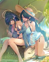 2girls absurdres bikini blue_archive blush breasts character_request cleavage commentary_request hair_between_eyes hair_over_one_eye halo hat highres hinata_(blue_archive) hinata_(swimsuit)_(blue_archive) hunched_over kneeling large_breasts long_hair multicolored_hair multiple_girls red_eyes round_eyewear shirt sitting streaked_hair swimsuit syafa