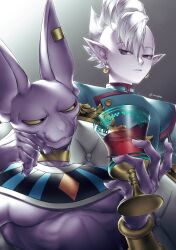 2boys absurdres aqua_vest beerus black_eyes black_nails bracer cat_boy choker colored_sclera colored_skin commentary_request cup dragon_ball dragon_ball_super earrings film_grain fingernails furry furry_male gem gold_bracer gold_choker highres holding holding_cup jewelry kaioushin large_ears linea_alba long_fingernails looking_at_another looking_down looking_to_the_side male_focus mohawk multiple_boys owo8090 pointy_ears potara_earrings purple_skin shin_(dragon_ball) short_hair sitting sphere_earrings sweatdrop twitter_username upper_body usekh_collar white_hair yellow_gemstone yellow_sclera