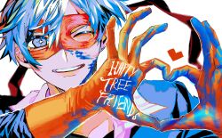 1boy blood blood_on_hands blue_blood blue_eyes blue_hair copyright_name eye_mask gloves grin happy_tree_friends heart heart_hands highres humanization male_focus one_eye_closed orange_gloves smile solo splendid_(happy_tree_friends) white_background yadu_nadu