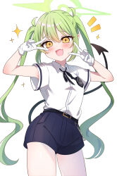 1girl absurdres armpits blue_archive blush demon_tail fang green_halo grey_hair halo highres long_hair looking_at_viewer nozomi_(blue_archive) open_mouth papiko_(mochipapiko) pointy_ears school_uniform shorts sidelocks simple_background solo tail twintails white_background yellow_eyes