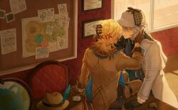 2boys alhaitham_(genshin_impact) arm_support azar_(genshin_impact) black_gloves black_shirt blonde_hair blue_vest brown_coat brown_gloves brown_hat brown_pants bulletin_board chair closed_eyes coat collared_shirt commentary dadadabibadum deerstalker desk detective diploma facing_away fedora from_behind genshin_impact globe gloves grey_coat grey_hair grey_hat hair_between_eyes hair_ornament hairclip hand_on_another&#039;s_head hand_up hat highres indoors kaveh_(genshin_impact) light_particles long_hair long_sleeves magnifying_glass male_focus map multiple_boys nahida_(genshin_impact) nilou_(genshin_impact) off_shoulder on_desk open_clothes open_coat pants paper parted_lips photo_(object) pocket_watch scaramouche_(genshin_impact) shirt short_hair sitting standing symbol-only_commentary thigh_strap unworn_hat unworn_headwear vest wanderer_(genshin_impact) watch window x_hair_ornament yaoi