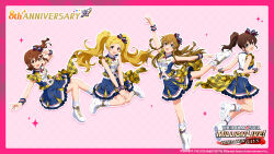 4girls anniversary bandai_namco belt blonde_hair blue_eyes blue_skirt boots bow braid brown_hair bug butterfly buttons copyright_name copyright_notice emily_stewart english_text floating frilled_skirt frills hair_bow highres idol_clothes idolmaster idolmaster_million_live! idolmaster_million_live!_theater_days insect kasuga_mirai kousaka_umi layered_skirt multiple_girls official_art open_mouth pink_background plaid_clothes ponytail purple_eyes satake_minako shoe_soles side_ponytail skirt star_(symbol) twintails v wrist_cuffs yellow_eyes