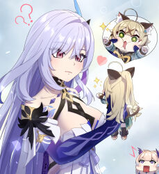 3girls ? absurdres aged_down ahoge animal_ears blonde_hair blue_background breast_strap breasts cat_ears cat_girl cat_tail chest_strap cleavage closed_mouth collarbone cowboy_shot dd_che_shen dress drooling elbow_gloves eyebrows_hidden_by_hair eyes_visible_through_hair feather_hair_ornament feathers fin_hair_ornament fish_girl genshin_impact gloves green_eyes hair_ornament half_updo heart highres kirara_(genshin_impact) large_breasts long_hair looking_at_another multiple_girls multiple_tails open_mouth pink_hair purple_dress purple_eyes purple_gloves purple_hair sangonomiya_kokomi skirk_(genshin_impact) speech_bubble standing tail two_tails white_hair wide_mouth