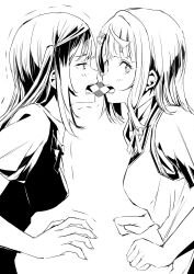 2girls absurdres blunt_bangs blush breasts collared_shirt commentary_request face-to-face food_in_mouth food_request from_side furrowed_brow greyscale hair_ornament hairclip highres looking_at_another looking_at_viewer love_live! love_live!_nijigasaki_high_school_idol_club medium_breasts medium_hair monochrome multiple_girls neck_ribbon nijigasaki_school_uniform one_side_up open_mouth ribbon school_uniform shirt summer_uniform tommer trembling uehara_ayumu upper_body vest white_background yuki_setsuna yuri