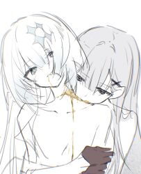 2girls alternate_hairstyle ame_amean biting black_eyes bleeding blood blood_from_mouth blood_on_neck blood_sucking blue_eyes blue_hair bright_pupils brown_gloves cerydra_(honkai:_star_rail) chromatic_aberration collarbone commentary_request expressionless flat_chest front-to-back gloves gold_blood grey_hair hair_down hair_ornament half_gloves hand_on_another&#039;s_arm head_tilt highres honkai:_star_rail honkai_(series) hug hug_from_behind hysilens_(honkai:_star_rail) kishimen_hair limited_palette long_hair looking_ahead looking_down multiple_girls neck_biting no_nipples nude pale_color parted_lips simple_background sketch straight_hair swept_bangs upper_body white_background white_pupils x_hair_ornament yuri