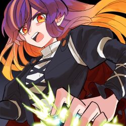 Rule 34 | 1girl, black background, black dress, blonde hair, breasts, cape, commentary request, dress, fingernails, floating hair, gradient background, gradient hair, grey background, highres, hijiri byakuren, juliet sleeves, long hair, long sleeves, looking at viewer, magic, medium breasts, multicolored hair, open mouth, puffy sleeves, purple hair, red cape, red eyes, simple background, solo, staygold, touhou, two-tone dress, upper body, v-shaped eyebrows, wavy hair, white dress