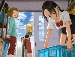 3girls :d ^_^ black_eyes black_hair black_shirt black_skirt blonde_hair blue_sky bow bowtie brown_eyes brown_hair closed_eyes closed_mouth clothes_around_waist cloud dark-skinned_female dark_skin day himemiya_yuki ichinose_karina indoors jacket jacket_around_waist manemane_nichinichi multiple_girls nagisa_akane open_mouth red_bow red_bowtie school_uniform shirt short_hair skirt sky smile white_shirt yamamoto_souichirou