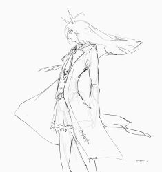 1girl ahoge animal_ears coat collared_shirt floating_hair from_side highres horse_ears horse_girl horse_tail long_hair long_sleeves manhattan_cafe_(umamusume) necktie open_clothes open_coat ringring_(artist) shirt simple_background sketch skirt solo tail umamusume very_long_hair white_background