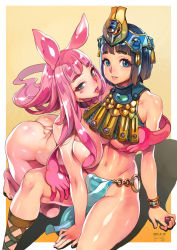 2girls ancient_egyptian_clothes animal_ears areola_slip armlet ass bad_id bad_pixiv_id black_hair blue_eyes blunt_bangs blush blush_stickers breast_press breasts butt_crack covering_breasts covering_privates curvy f.s. glint grabbing_another&#039;s_breast groin groping headgear heart highres jewelry large_breasts long_hair looking_at_viewer medium_hair melona_(queen&#039;s_blade) menace_(queen&#039;s_blade) monster_girl multiple_girls navel o-ring panties pelvic_curtain pink_hair prehensile_hair queen&#039;s_blade rabbit_ears revealing_clothes ring sash shiny_skin shoes sideboob simple_background slime_girl smile spread_legs striped_clothes striped_panties symbol-shaped_pupils symmetrical_docking tan thighs tongue tongue_out underboob underwear yuri