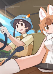 1boy 1girl animal_ears bare_shoulders blush bow breasts bucket_hat bus_interior captain_(kemono_friends) da_(bobafett) dhole_(kemono_friends) dog_ears dog_girl extra_ears gloves hat highres japari_bus kemono_friends kemono_friends_3 looking_at_viewer medium_breasts multicolored_hair open_mouth shirt short_hair skirt sleeveless smile two-tone_hair white_hair