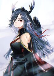 Rule 34 | 1girl, absurdres, arknights, bare shoulders, black dress, black hair, chromatic aberration, commentary, dress, earrings, from side, grey background, hair between eyes, hair ribbon, highres, jewelry, long bangs, long hair, long sleeves, looking at viewer, parted lips, pointy ears, qiubai (arknights), red eyes, red ribbon, ribbon, sketch, solo, sudadachi, turning head