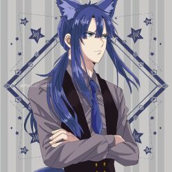 1boy animal_ears black_vest blue_eyes blue_hair blue_necktie cat_ears collared_shirt crossed_arms d.gray-man frown grey_background grey_shirt hair_between_eyes hair_over_shoulder hakahata18 highres kanda_yuu long_hair looking_to_the_side male_focus necktie ponytail shirt sidelocks signature solo square star_(symbol) striped_background twitter_username vertical-striped_background vest waistband