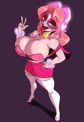 1girl boots breasts choker cleavage full_body headphones heart heart-shaped_pupils high_heel_boots high_heels highres huge_breasts long_hair miss_heed pink_hair skirt symbol-shaped_pupils thigh_boots thighhighs villainous