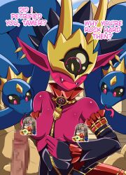 absurdres black_sclera breasts censored colored_sclera colored_skin crown digimon digimon_(creature) digimon_liberator earrings erection highres jewelry kinosaki_arisa mask medusamon monster_girl owen_dreadnought penis red_eyes red_skin rodrigoh_(rodrigo0xibalba) sharp_teeth shoemon snake snake_hair teeth tongue tongue_out undressing
