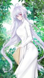 1girl absurdres ahoge ao_dai blush breasts commentary dress english_commentary fate/grand_order fate_(series) forest grey_hair hat highres holding holding_unworn_clothes holding_unworn_hat large_breasts long_dress long_hair looking_at_viewer merlin_(fate/prototype) nature pink_eyes pointy_ears rice_hat smile solo unworn_hat unworn_headwear vanko_(vank0a) very_long_hair vietnamese_clothes