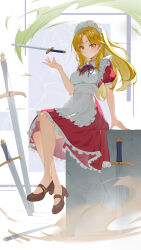 1girl apron backlighting blonde_hair bow brown_shoes dian_point dress hair_ornament highres holding holding_sword holding_weapon long_hair maid maid_headdress planted planted_sword planted_weapon puffy_short_sleeves puffy_sleeves red_dress ribbon shoes short_sleeves sword too_many_weapons touhou touhou_(pc-98) weapon yellow_eyes yumeko_(touhou)