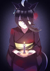 Rule 34 | 1girl, animal ears, black hair, blue kimono, candle, candlestand, ear ornament, ear tag, earrings, fire, floral print, flower, hair between eyes, hair flower, hair ornament, highres, holding, holding candle, holding candlestand, horse ears, horse girl, horse tail, japanese clothes, jewelry, kei (nittotiru), kimono, long bangs, long hair, long hair between eyes, long sleeves, manhattan cafe (umamusume), multicolored hair, obi, official alternate costume, official alternate hairstyle, red flower, sash, single earring, solo, tail, umamusume, white hair, yellow eyes
