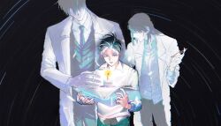 Rule 34 | 1girl, 2boys, age difference, birthday cake, black background, black hair, black necktie, black vest, blue eyes, cake, cake slice, candle, coat, collared shirt, faceless, food, glitch, glowing, hair flowing over, hair over eyes, hand on another&#039;s back, hand on another&#039;s shoulder, highres, holding, holding pen, lee sookyung, looking at object, medium hair, multiple boys, necktie, oldest dream, omniscient reader&#039;s viewpoint, opening book, pen, raya (000 unseen), shirt, short hair, spread fingers, star trail, vest, white coat, white shirt