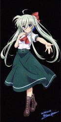 Rule 34 | 1girl, adversarial noise, blush, boots, breasts, closed mouth, commentary request, einhard stratos, full body, grey hair, hair between eyes, hair ornament, long hair, looking at viewer, lyrical nanoha, reaching, reaching towards viewer, ribbon, san-pon, simple background, small breasts, smile, solo, twintails, vivid strike!