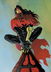 1boy 200_percent armored_boots belt black_gloves black_hair black_jacket black_pants boots cape clawed_gauntlets cloak commentary_request final_fantasy final_fantasy_vii full_body gauntlets gloves headband highres jacket long_hair looking_at_viewer male_focus pants parted_lips red_cape red_cloak red_headband single_gauntlet single_glove solo torn_cape torn_clothes vincent_valentine