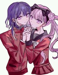 black_bow bow brother_and_sister closed_mouth ear_piercing earrings hair_bow highres holding_hands jewelry long_hair long_sleeves looking_at_viewer matching_outfits piercing pink_eyes pink_hair pleated_skirt purple_hair red_shirt red_skirt shirt siblings simple_background skirt smile the_hundred_line_-last_defense_academy- tsukumo_ima tsukumo_kako twins twintails white_background