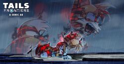 blonde_hair blue_eyes corruption cybernetic fox gloves highres in_pain injury kneeling multiple_tails night pain rain screaming sega shoes shota socks sonic_(series) sonic_frontiers tail tails_(sonic) tears thatbirdguy_ two_tails yellow_fur