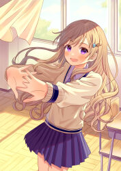 Rule 34 | 1girl, blush, brown hair, brown sweater, chair, classroom, collared shirt, commentary request, cowboy shot, curtains, day, desk, diagonal-striped clothes, diagonal-striped necktie, floating curtains, floating hair, from above, hair ornament, highres, indoors, interlocked fingers, long hair, long sleeves, looking at viewer, miniskirt, necktie, open mouth, original, outstretched arms, parted bangs, pechi (peeechika), pleated skirt, purple eyes, purple necktie, purple shirt, purple skirt, school chair, school desk, school uniform, shirt, skirt, smile, solo, standing, stretching, striped clothes, sunlight, sweater, swept bangs, v-neck, wavy hair, window, window shadow, wing collar, winter uniform